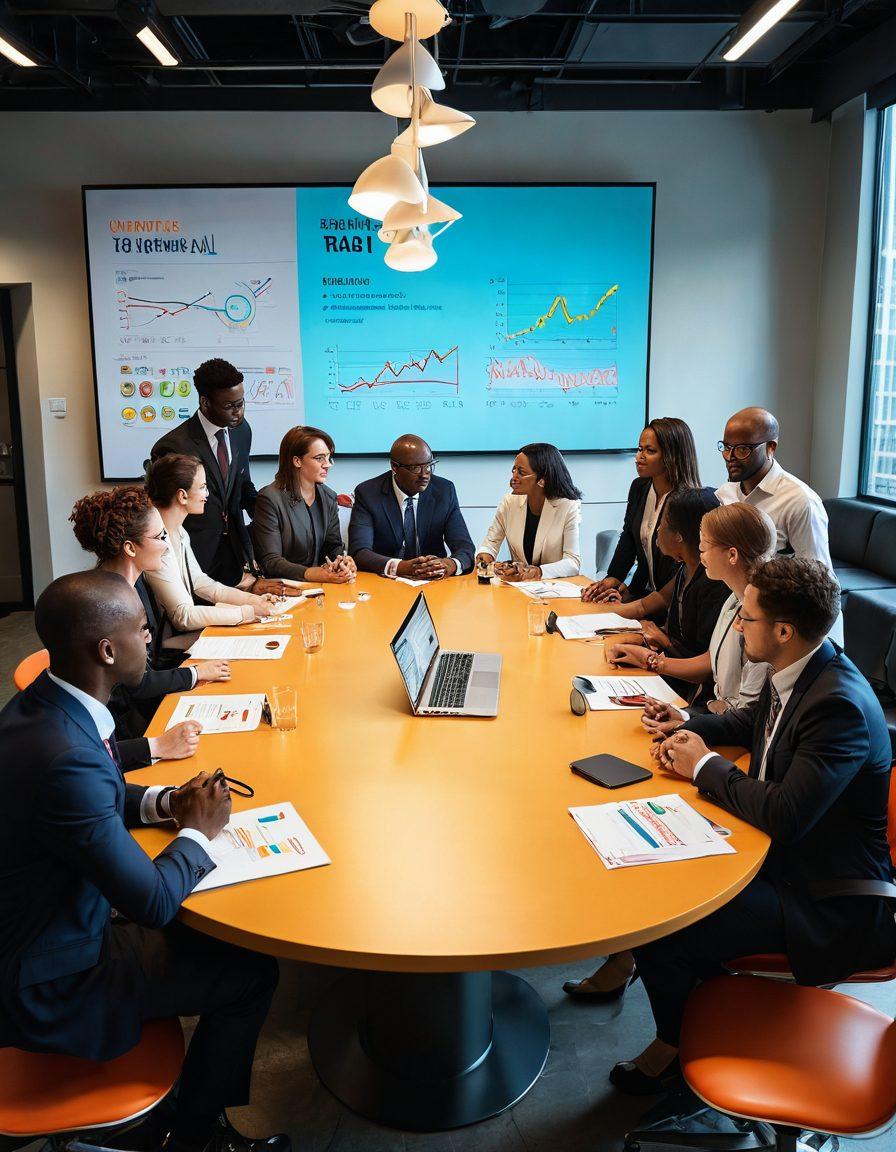 A diverse group of professionals collaborating around a large table, reviewing innovative growth strategies and solutions, with graphs and digital screens showcasing data analysis. The room is bright and modern, symbolizing creativity and teamwork. Include elements like lightbulbs and gears to represent ideas in motion. The atmosphere should be energetic and inspiring. vibrant colors. super-realistic.