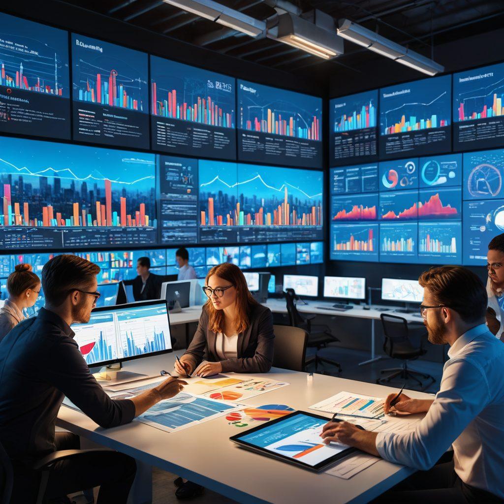 A dynamic scene showcasing a diverse group of professionals analyzing data on digital screens, with vibrant charts and graphs in the background. Emphasize teamwork and collaboration, with expressions of focus and determination. Incorporate elements of technology and optimization, such as gears and light bulbs, symbolizing innovation. A bright and inspiring office environment with a panoramic view of a city skyline. super-realistic. vibrant colors. 3D.